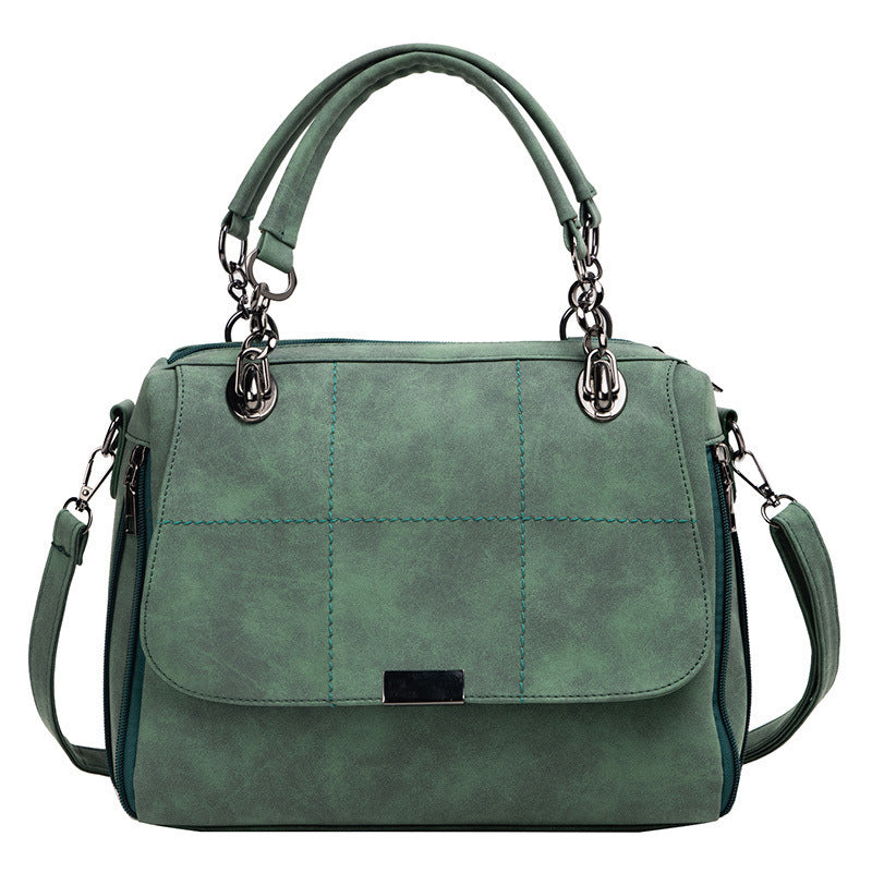 Matte Scrub Green Boston Bag - PU Leather Tote for Women, ideal for travel and daily use with open and zipper pockets, casual urban simplicity style