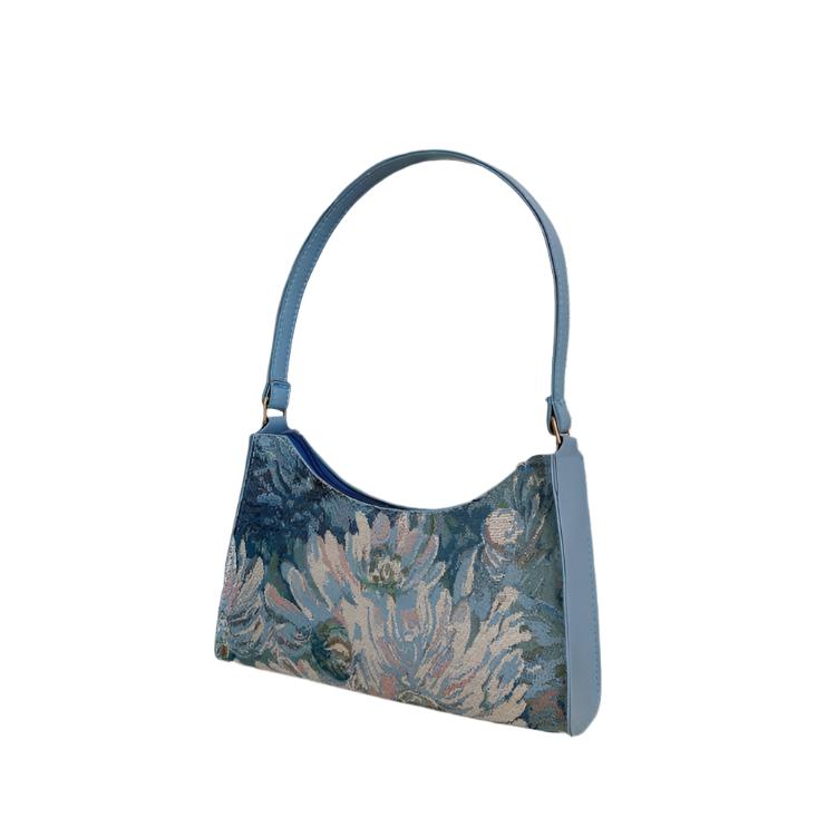 Western Style Oil Painting Nylon Underarm Bag for Women, featuring a soft structure with a zipper change bag, available in green and blue