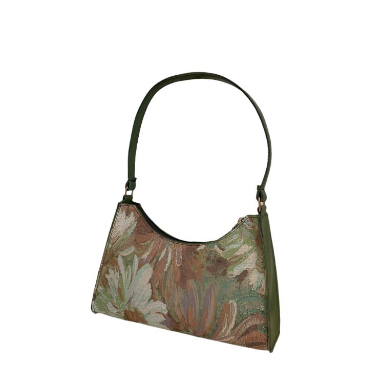 Western Style Oil Painting Nylon Underarm Bag for Women, featuring a soft structure with a zipper change bag, available in green and blue