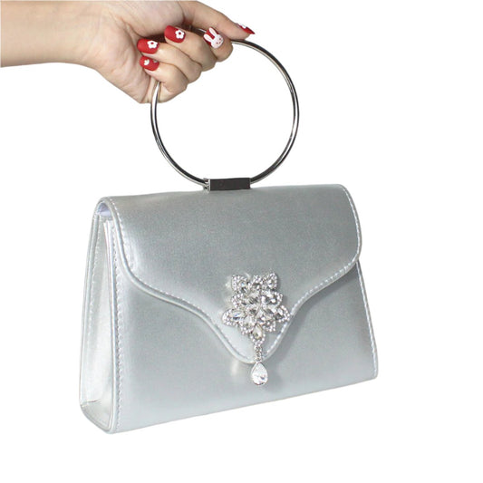 Elegant fashion rhinestone small flower dinner bag in a horizontal square shape, available in silver, apricot, and black, with a document bag inside.

