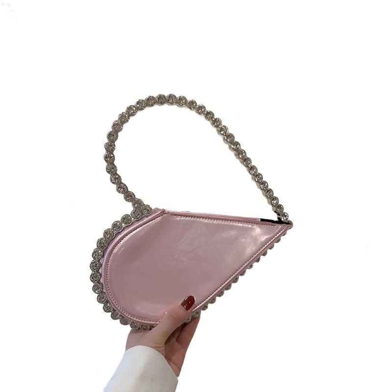 High-grade Diamond-embedded Niche Love Handbag in white, gold, red, black, silver, and pink, heart-shaped PU bag with diamond embellishments.