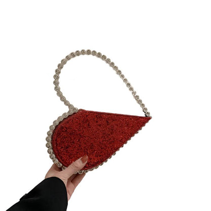 High-grade Diamond-embedded Niche Love Handbag in white, gold, red, black, silver, and pink, heart-shaped PU bag with diamond embellishments.