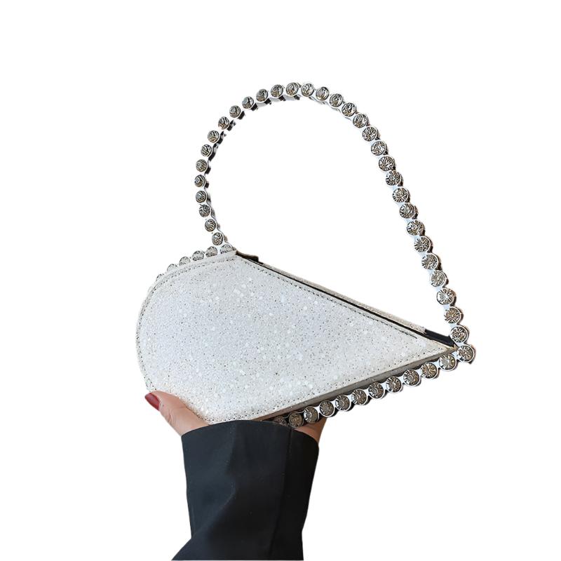 "High-grade Diamond-embedded Niche Love Handbag in white, gold, red, black, silver, and pink, heart-shaped PU bag with diamond embellishments."

