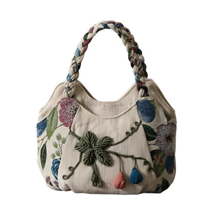 Retro Ethnic Style Woven Handbag in Milky White - Canvas Square Vertical Model