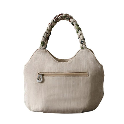 Retro Ethnic Style Woven Handbag in Milky White - Canvas Square Vertical Model

