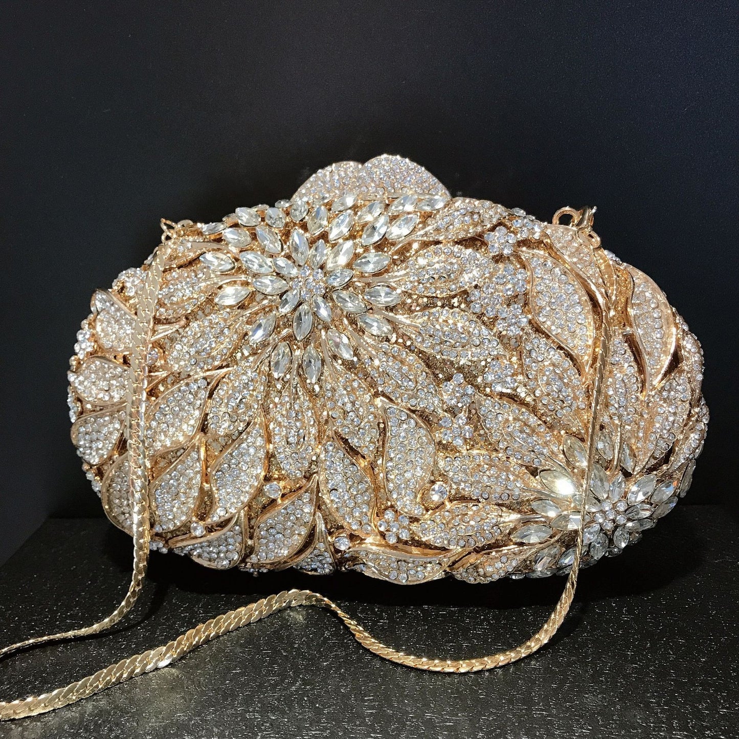 Leaf Flower Inlaid Diamond Dinner Bag in gold, silver, and champagne, featuring hand-studded diamonds and hollow-out design for formal occasions.