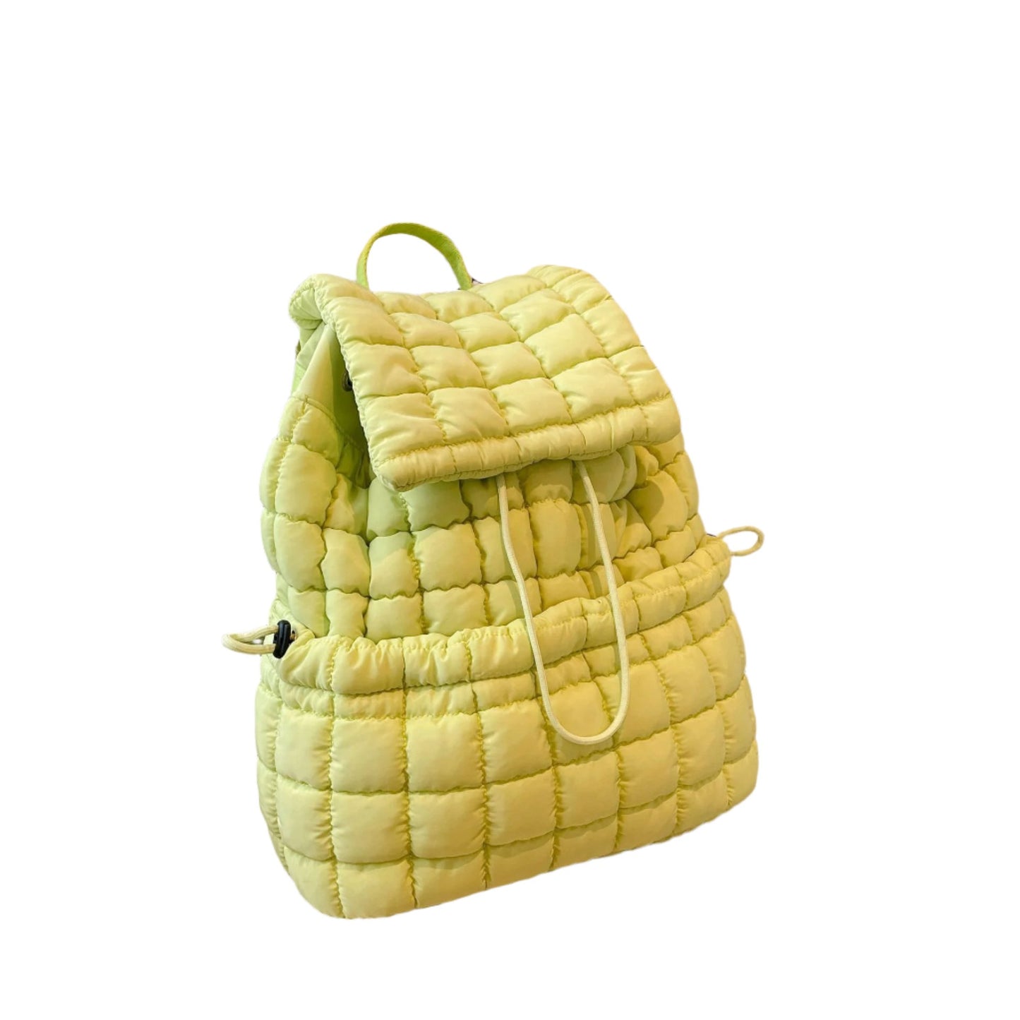 The Candy Color Quilted Women Backpack is a trendy and lightweight puffer bag made of soft nylon with padded shoulder straps. With multiple pockets and a drawstring flap closure, it’s ideal for work, college, and travel, combining style and functionality.