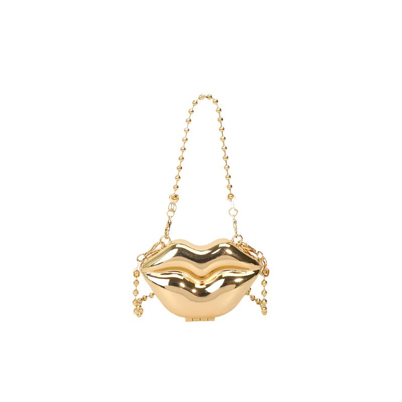 Personalized Lip Shape Shiny Shoulder Bag in gold and silver, with a horizontal square shape and chain detailing.