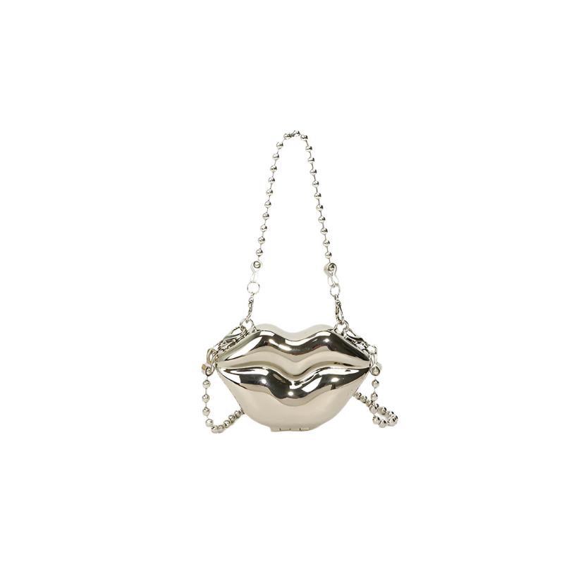 Personalized Lip Shape Shiny Shoulder Bag in gold and silver, with a horizontal square shape and chain detailing.