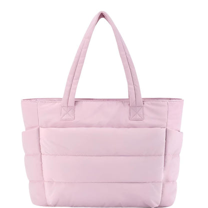 Women's Large Zipper Travel Handbag crafted from soft nylon, available in black, pink, and beige. It features a spacious interior with a computer bag and sandwich zipper compartment, perfect for daily use and travel.

