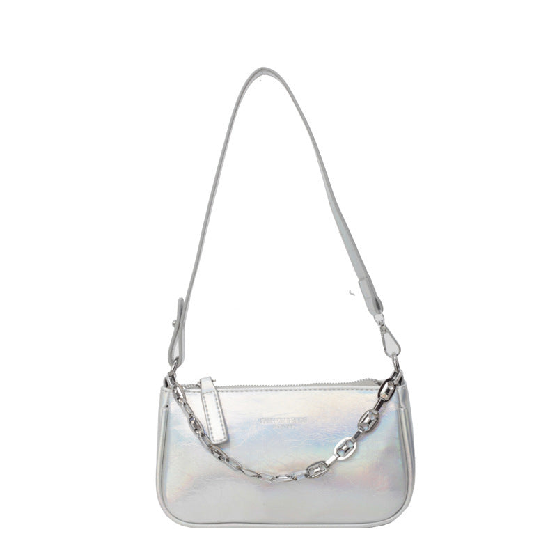 High-Grade Pearl Silver Crossbody Shoulder Bag in black, silver, gold, colorful silver, and pink, featuring a horizontal square shape with a three-dimensional pocket.