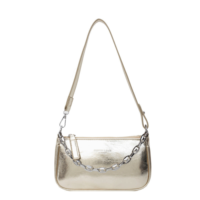 High-Grade Pearl Silver Crossbody Shoulder Bag in black, silver, gold, colorful silver, and pink, featuring a horizontal square shape with a three-dimensional pocket.