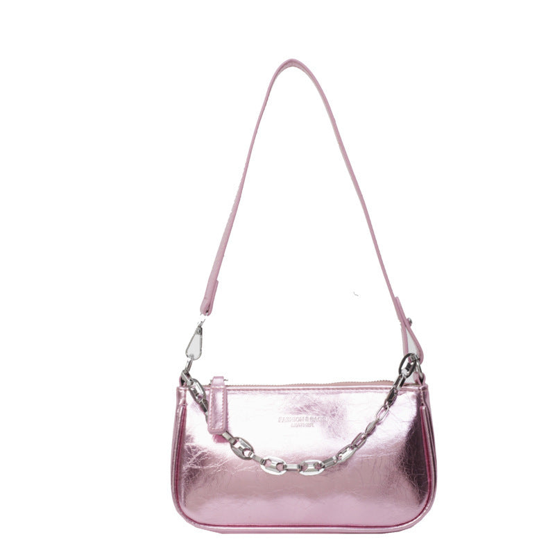 High-Grade Pearl Silver Crossbody Shoulder Bag in black, silver, gold, colorful silver, and pink, featuring a horizontal square shape with a three-dimensional pocket.