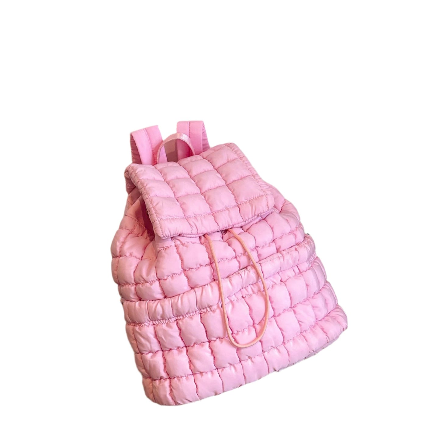 The Candy Color Quilted Women Backpack is a trendy and lightweight puffer bag made of soft nylon with padded shoulder straps. With multiple pockets and a drawstring flap closure, it’s ideal for work, college, and travel, combining style and functionality.