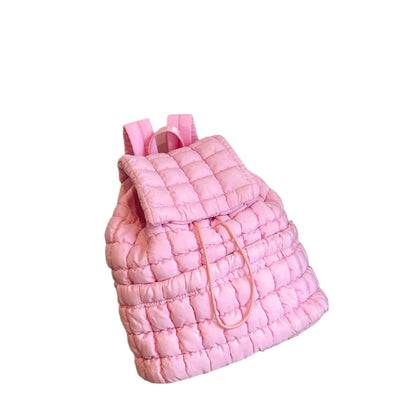 The Candy Color Quilted Women Backpack is a trendy and lightweight puffer bag made of soft nylon with padded shoulder straps. With multiple pockets and a drawstring flap closure, it’s ideal for work, college, and travel, combining style and functionality.