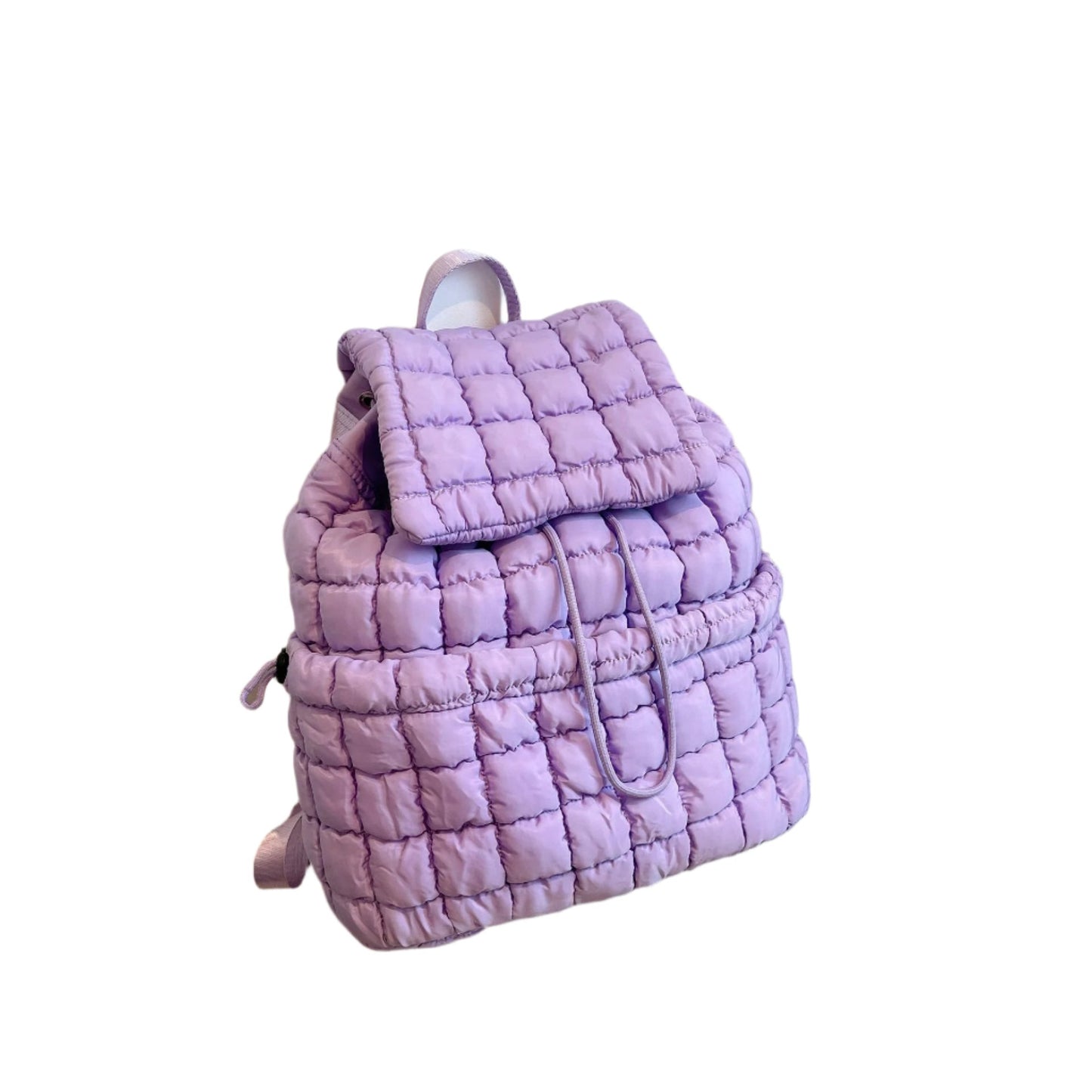 The Candy Color Quilted Women Backpack is a trendy and lightweight puffer bag made of soft nylon with padded shoulder straps. With multiple pockets and a drawstring flap closure, it’s ideal for work, college, and travel, combining style and functionality.