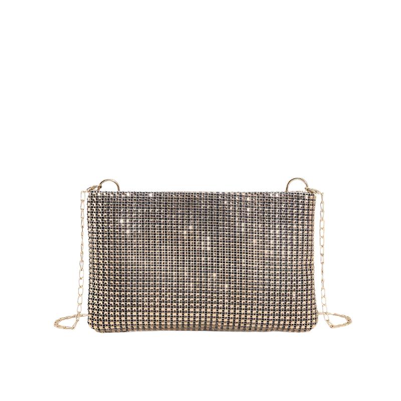 Women's Shoulder Crossbody Small Handbag in black, gold, and silver, made from PU material in a horizontal square shape.